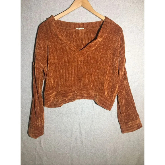 Womens Entro Cropped Sweater Orange Rust Color Crushed Velvet Texture Neutral - Picture 1 of 5